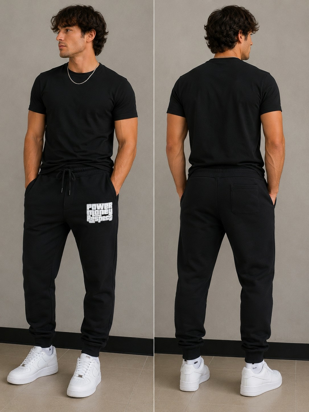 Black Men's Graphic Jogger Sweatpants - POWER MONEY RESPECT
